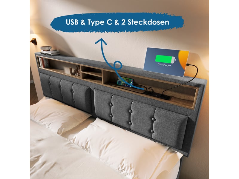  Lit double rembourré 140x200 cm avec usb-c, lit double avec matelas, gris, cadre de lit adulte avec espace de rangement  - Conforama R