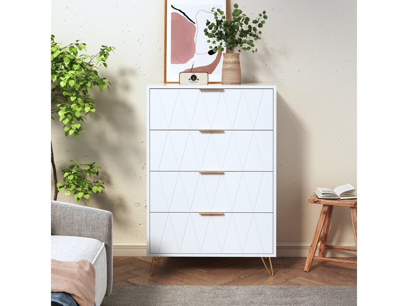  Commode 4 tiroirs - 60x34x90cm - motif géométrique 3d, style italien, pieds épingles dorés et anti-bascule - blanc  - Conforama C