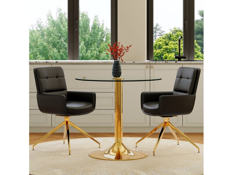  Ensemble table et chaises 2 places, table ronde en verre trempé transparent et métal doré, 2 fauteuils noirs pivotants  - Conforama B