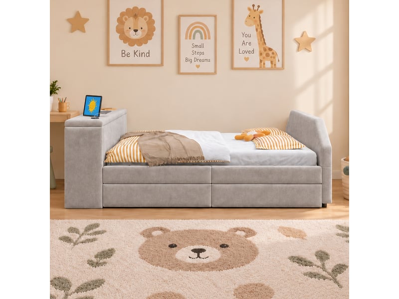  Lit gigogne 90x180200 cm avec bureau coloris gris tissu  - Conforama D