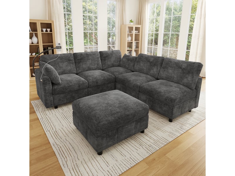 Canapé d’angle modulable convertible 6 places 218x157 cm, configuration ul, pouf mobile, usbusb-c 24w, support téléphone, chenille grise - Conforama C
