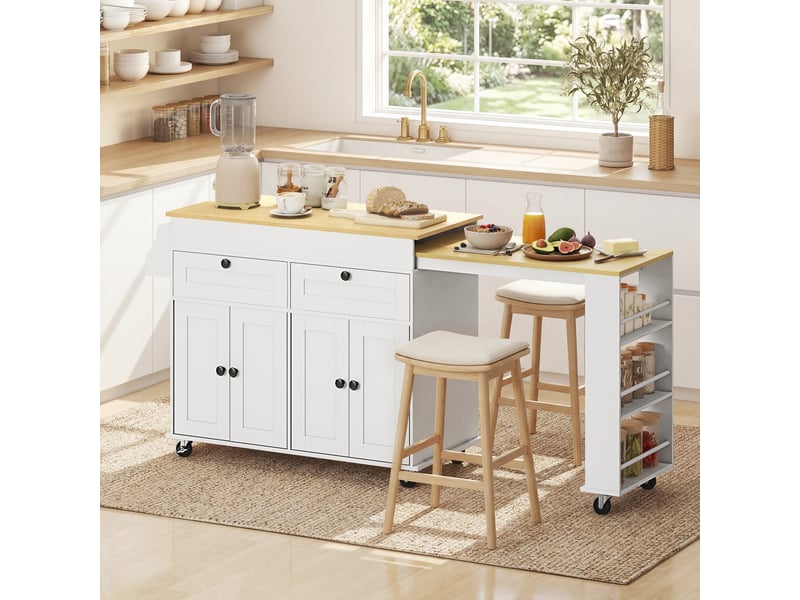  Îlot central cuisine avec plateau extensible, desserte de cuisine sur roulettes avec 2 tiroirs, 4 portes, blanc  - Conforama A