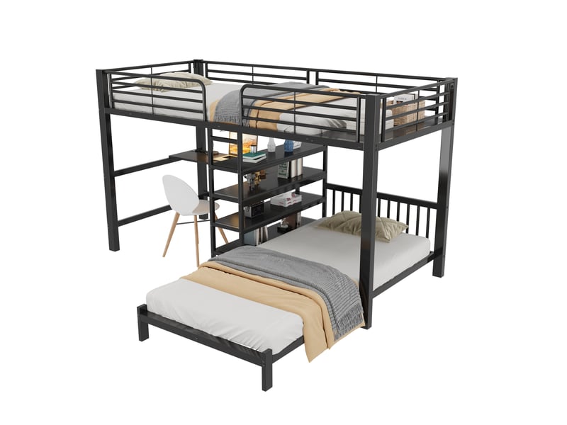 Lit mezzanine 90x200 cm avec bureau et rangements en métal et mdf noir - Conforama A