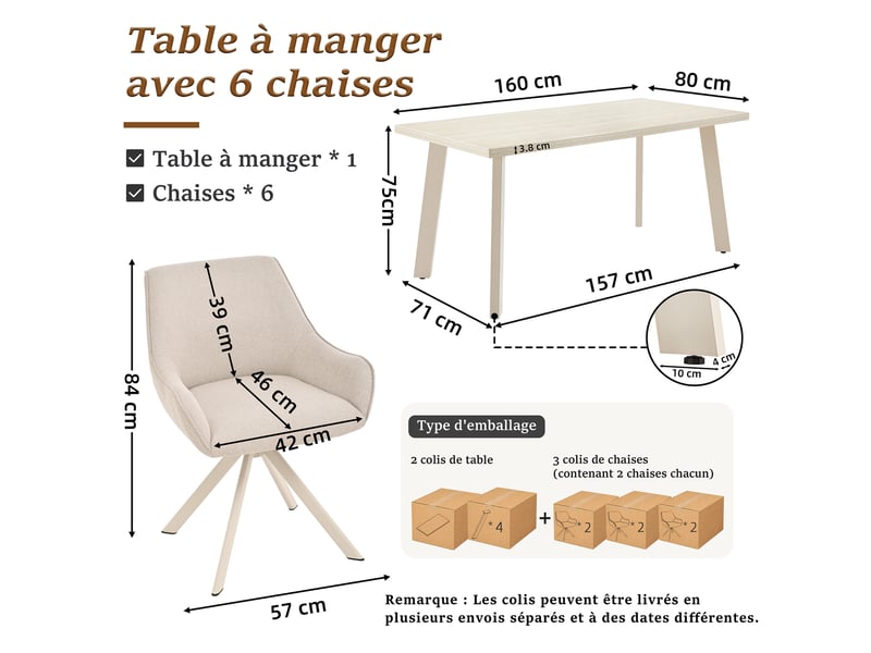 Ensemble table et 6 chaises - table rectangulaire 160x80 cm monobloc en travertin et pieds métal, 6 chaises en tissu beige et pieds en métal blanc - Conforama C