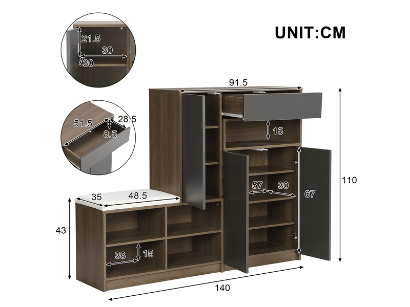 Meuble à chaussures 140x35x110 cm gris avec banc rembourré et étagères réglables - Conforama C