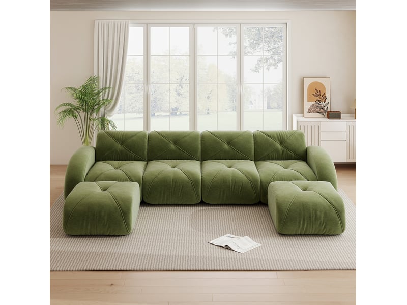  Canapé modulable en u 4 places avec 2 poufs en chenille vert  - Conforama D