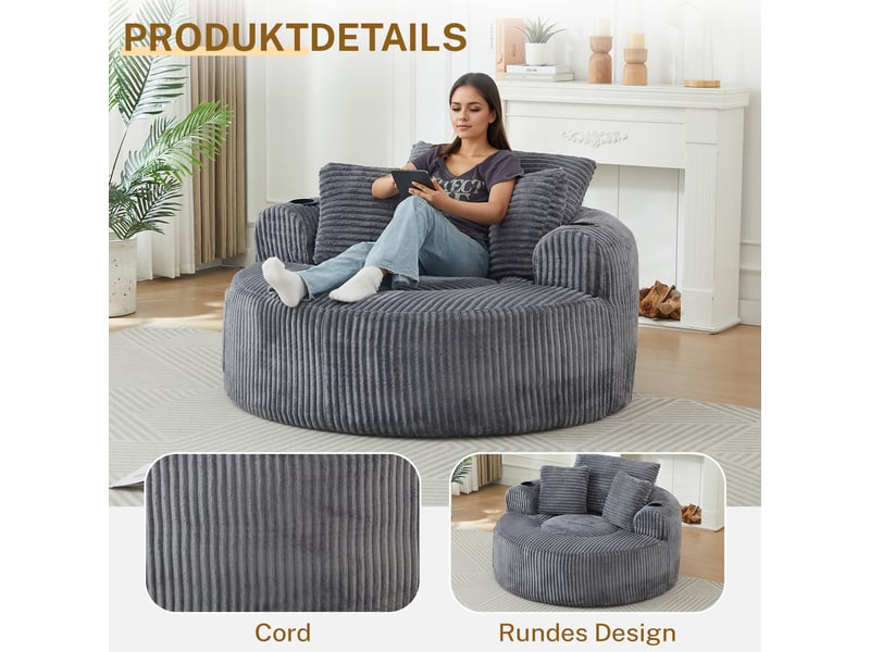  Canapé 1 place rond avec 2 porte-gobelets et 3 coussins, poches latérales, velours côtelé, gris OMNIGLINT TRADING LTD - Conforama E