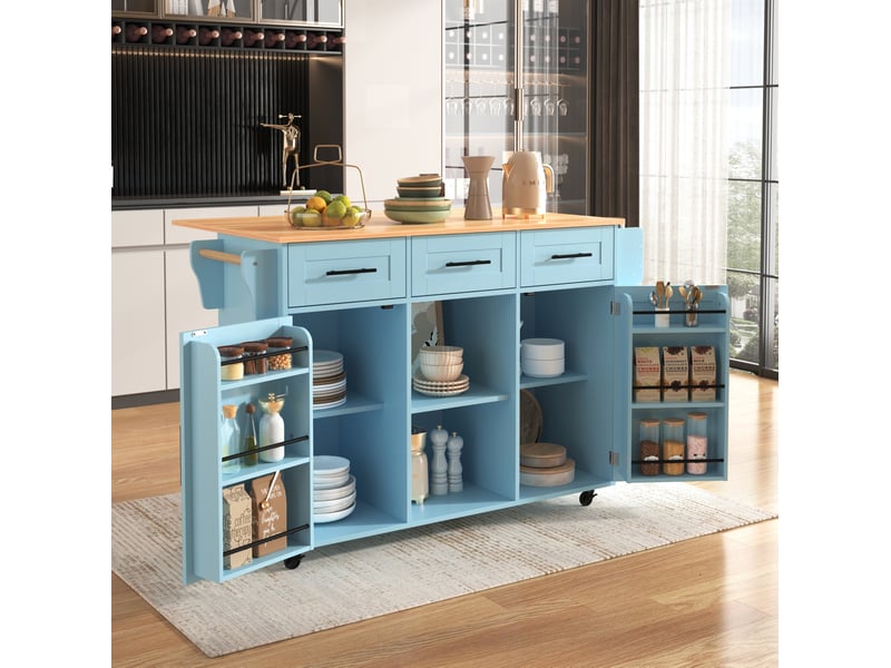  Chariot de cuisine 139x46 cm avec plateau rabattable et rangements, bleu  - Conforama D