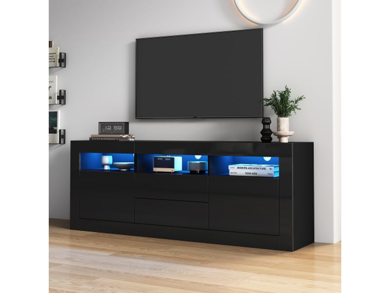  Meuble tv brillant 160*35*60cm avec éclairage led,3 compartiments ouverts,2 portes+2 tiroirs,commande via application intelligente  - Conforama C
