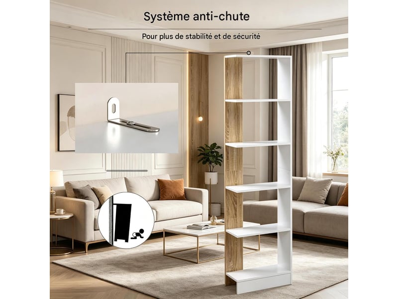  Bibliothèque 5 compartiments ouverts coloris chêne et blanc 45 x 21 x 170 cm T5828P542334 - Conforama E