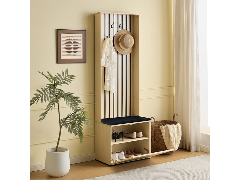  Vestiaire d'entrée - 59.5x35x179.5cm - meuble à chaussures avec banc assise - bois clair  - Conforama E