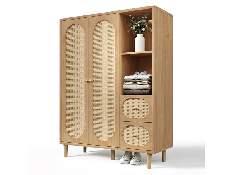Armoire 2 portes 2 tiroirs avec étagères ouvertes et barre de penderie pour chambre et entrée en bois chêne - Conforama A