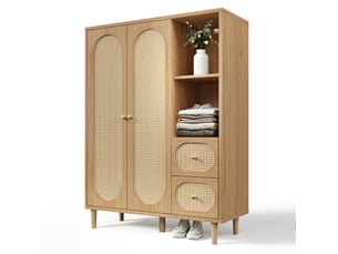 Armoire 2 portes 2 tiroirs avec étagères ouvertes et barre de penderie pour chambre et entrée en bois chêne