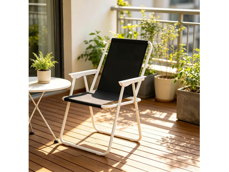  Chaise de camping pliante noire en tissu oxford avec accoudoirs, légère, pour activités de plein air.  - Conforama B