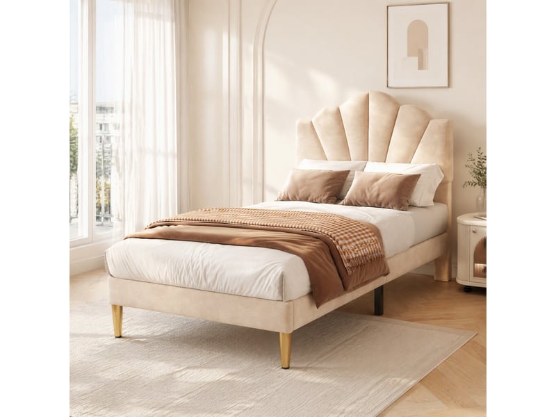  Lit 1 place 90x200 cm en velours beige, tête de lit réglable et pieds dorés  - Conforama D