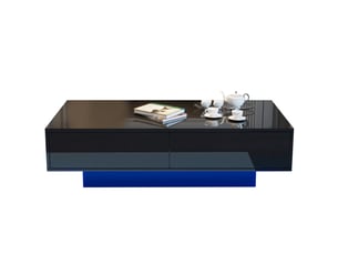 Table basse 115x55x34 cm avec led, 2 tiroirs, rangement, finition haute brillance, table de salon, noir