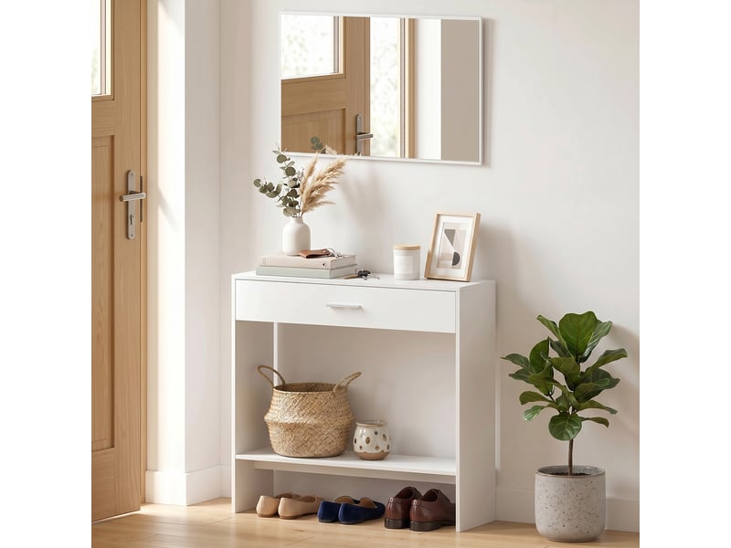  Console d'entrée avec miroir, tiroir et étagère, meuble d'entrée, 91,5 x 27,9 x 85,5 cm, blanche  - Conforama D