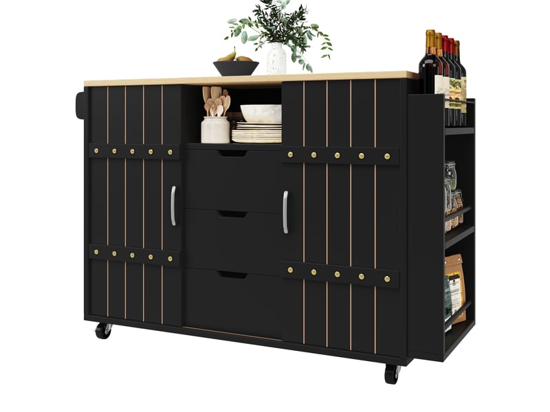  Desserte cuisine, îlot central sur roulettes avec plan de travail, plateau extensible, pivotant à 360°, dimensions 110 x 42 x 90 cm, mdf, noir  - Conforama A