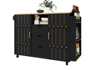Desserte cuisine, îlot central sur roulettes avec plan de travail, plateau extensible, pivotant à 360°, dimensions 110 x 42 x 90 cm, mdf, noir