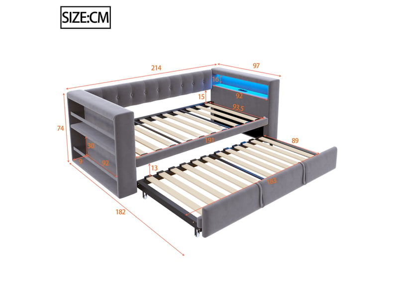 Lit gigogne 90-180x190 cm, lit 2 en 1, led, charge, tête de lit, sommier, flanelle et mdf, gris foncé, sans matelas - Conforama C