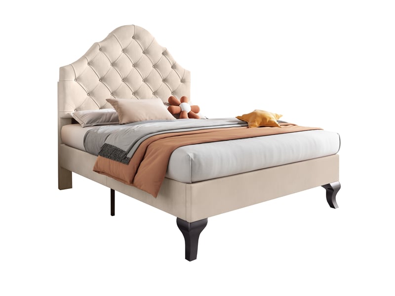 Lit enfant 90x200 cm avec sommier à lattes et tête de lit réglable en hauteur, lit simple, sommier à lattes en bois, montage facile, velours, beige - Conforama A