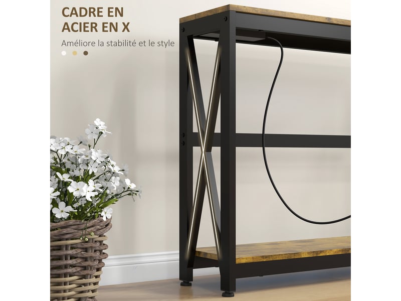  Console meuble étroite à 2 niveaux style industriel avec prises de courant et usb, marron, 100 x 24 x 75 cm  - Conforama R