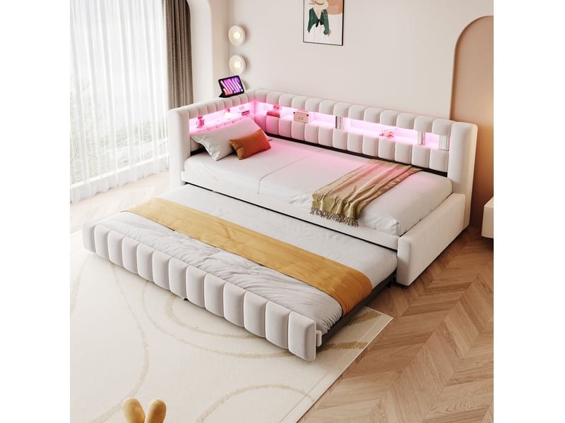  Lit gigogne 90x200 cm led, rangement et ports usb et type c en velours beige  - Conforama B