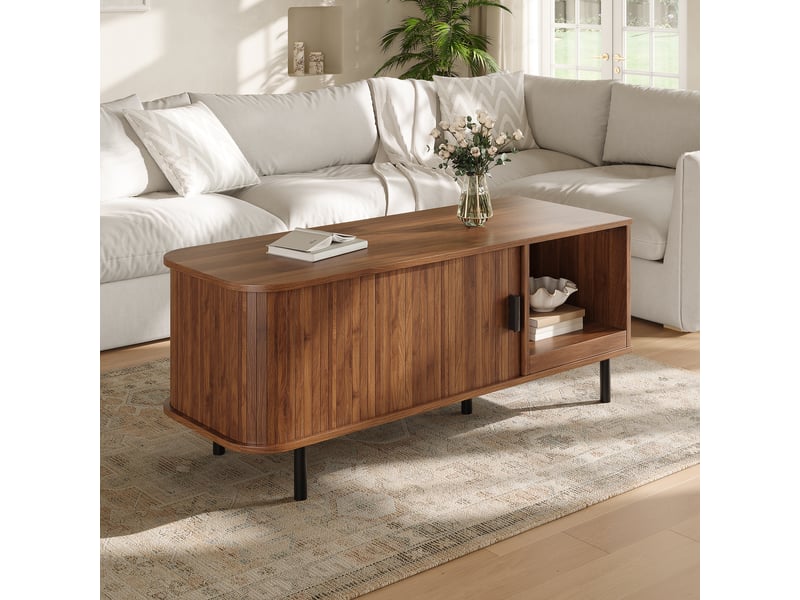  Table basse, avec rangement intégré, 110 x 40 x h 55 cm, noyer, structure en mdf, portes coulissantes, style moderne, façades à rainures verticales Luxe haut de gamme - Conforama B