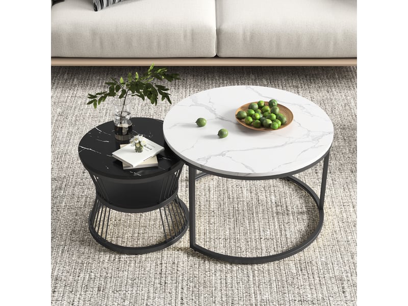  Tables basses – set de 2 tables basses gigognes – plateau marbre  –  cadre noir –  80+60 cm  - Conforama E