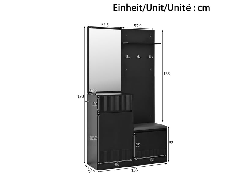  Vestiaire d'entrée - 105x38x190cm - ensemble meuble d'entrée avec éclairage led app, miroir, banc &amp; meuble chaussures - noir  - Conforama E