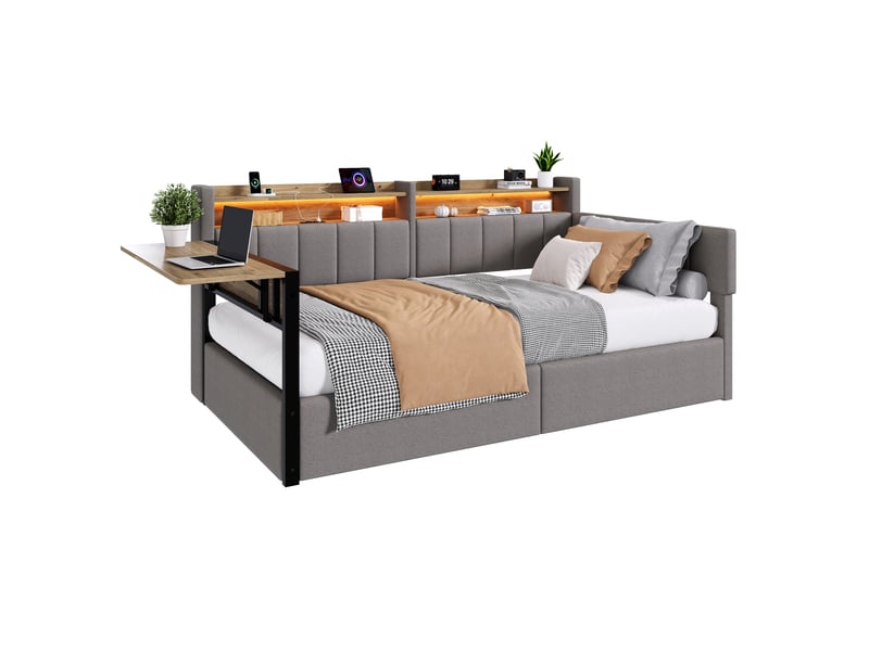  Lit coffre banquette 90x200 cm, lit hydraulique rembourré, table rabattable, tête de lit rangement, led, usb-c, velours (sans matelas), gris CozyNest - Conforama A