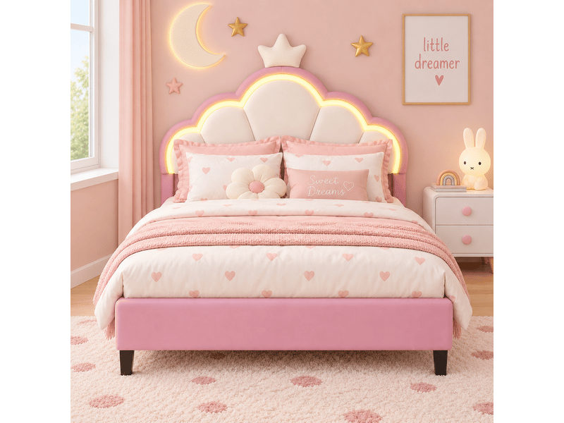  Lit enfant 90x190 cm, lit princesse avec led rgb, tête de lit réglable, forme de couronne et nuage, en velours, sommier à lattes, rose et blanc  - Conforama C