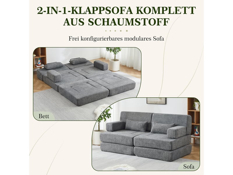  Canapé convertible 2-en-1 2 places 182 x 90 x 80 cm avec couchage pliant, dossier réglable et structure en fer, chenille, gris OMNIGLINT TRADING LTD - Conforama E