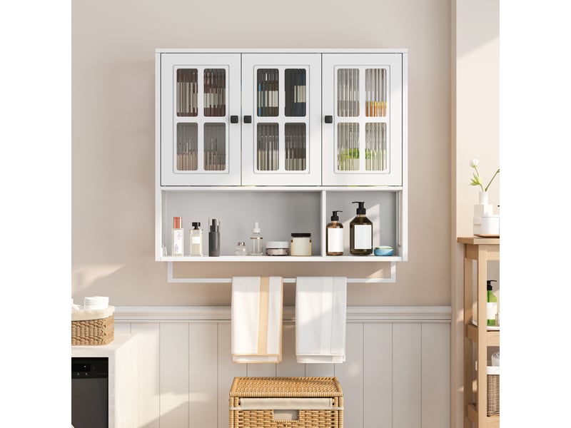 Armoire murale modèle bath 3 portes, blanc, bois, rangement ouvert caché, porte vitrée, barre serviette - Conforama B