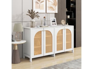 Buffet 4 portes rotin blanc minimaliste 145cm, meuble de rangement salle à manger avec étagères réglables