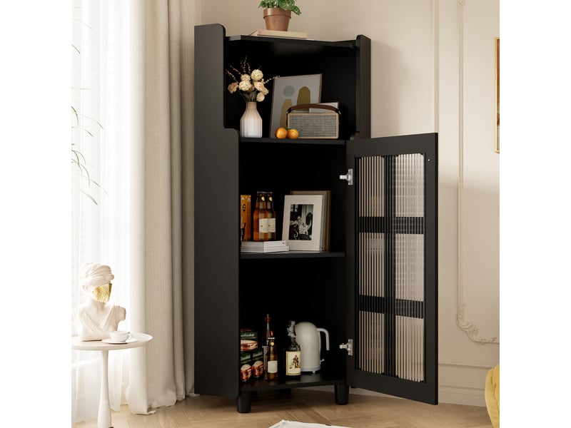  Armoire d'angle 63,5x45x124cm gain de place, led éclairage pilotable, pour salon, bibliothèque, salle de bain mdf noir  - Conforama E