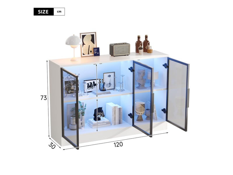  Vitrine basse 3 portes vitrées 120x30x73 cm, buffet vitrine avec led multicolore, verre gris, fermeture amortie, panneaux de particules, blanc  - Conforama C