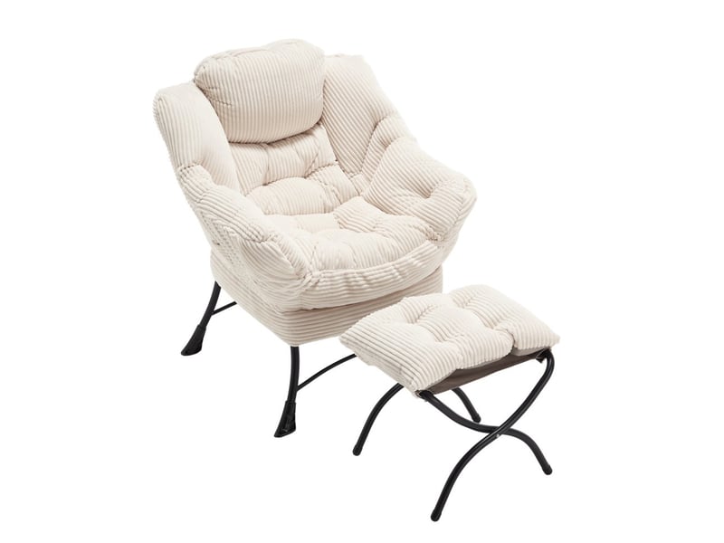  Fauteuil relax avec repose-pieds - 70x64x95cm - chaise lounge rembourrée avec poche latérale et pieds acier - blanc  - Conforama A