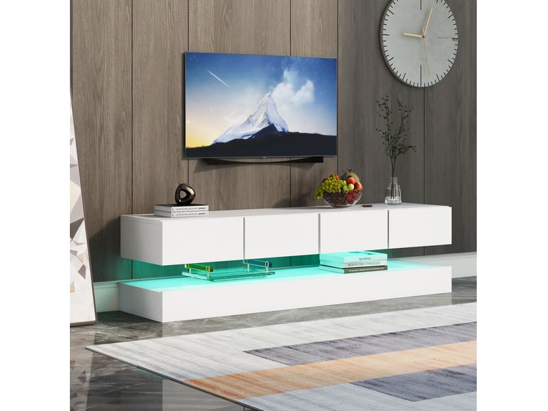  Meuble tv mural led 130 x 33 cm, 4 tiroirs, pour téléviseur jusqu’à 55 pouces, blanc  - Conforama D