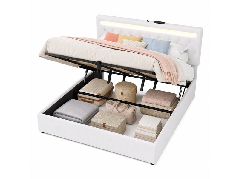 Lit coffre 180x200 cm blanc avec éclairage led, ports usb et sommier à lattes  - Conforama A