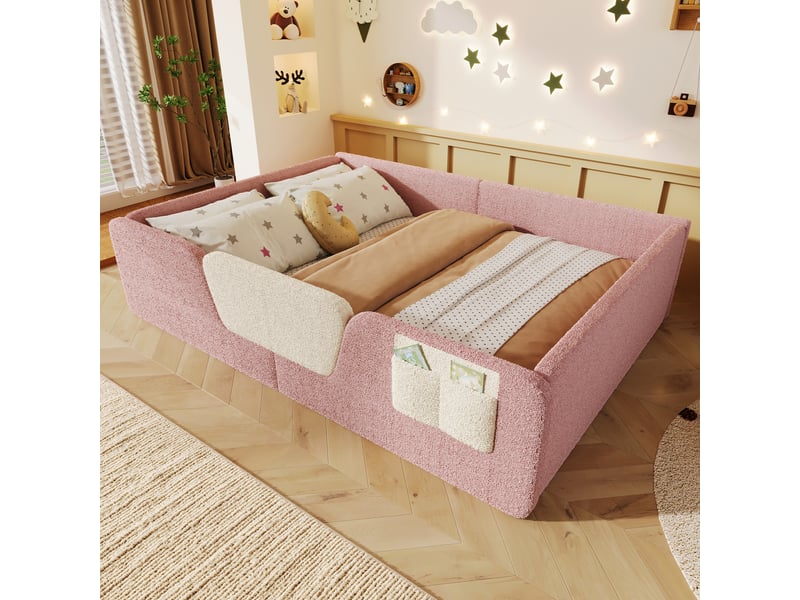  Lit enfant velours rose, lit capitonné 140x190 avec barrières de sécurité amovibles et poche de rangement, sans matelas  - Conforama B