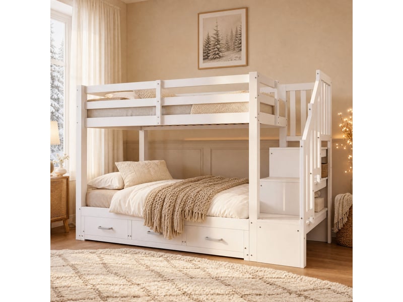  Lit superposé 90x200 cm, échelle, 3 tiroirs, espaces de rangement, lit gigogne 90180x190 cm, bois et mdf blanc  - Conforama B