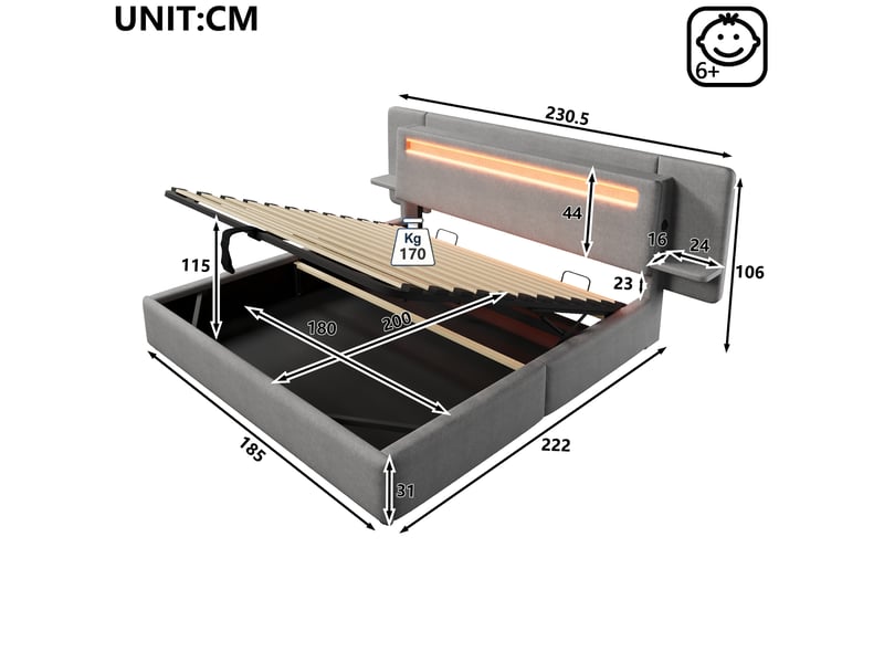  Lit double 180 × 200 cm avec coffre hydraulique, chevet intégré, port usb et led multicolore en lin gris, chambre  - Conforama C
