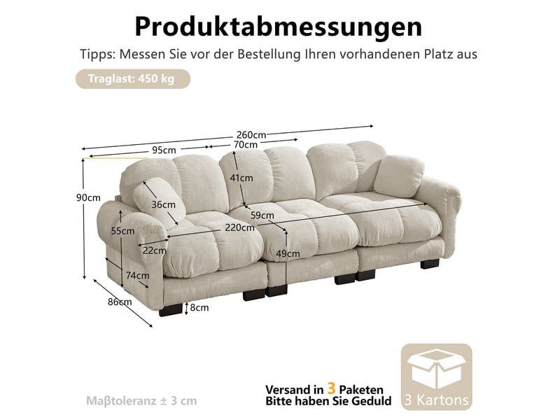 Canapé modulable modenvie 3 places 260 x 86 x 90 cm en chenille kaki clair - Conforama C