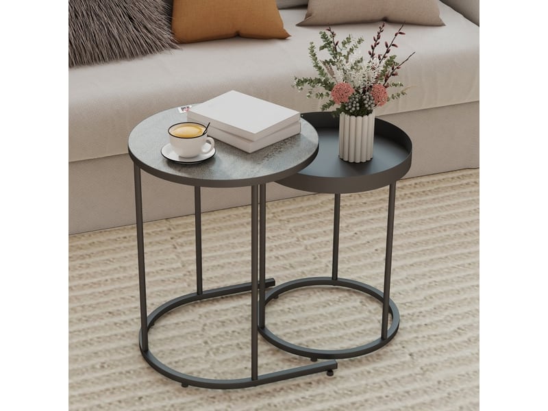 Tables basses gigognes rondes en métal avec plateau à rebord et patins antidérapants pour salon gris et noir - Conforama B