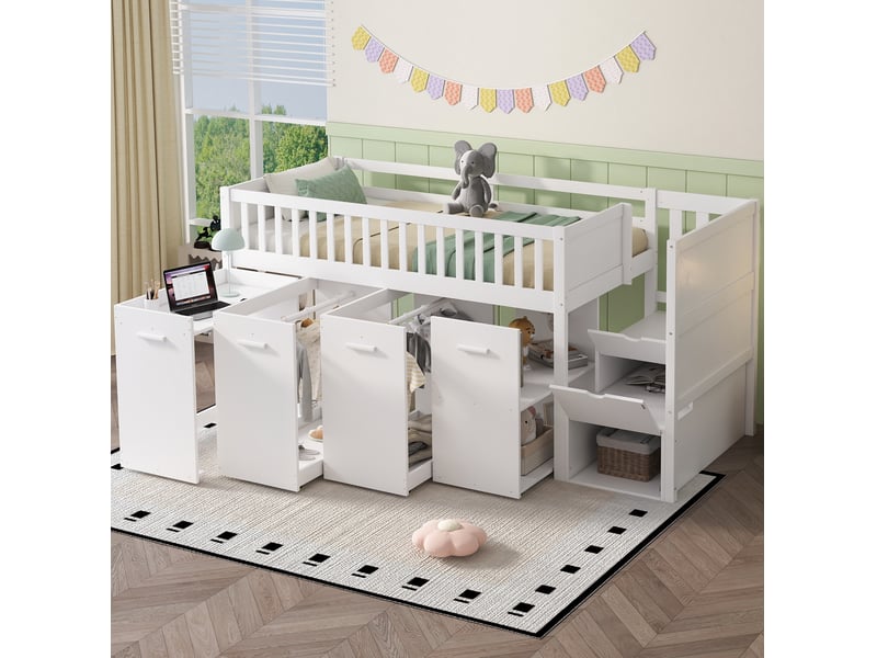  Lit mezzanine enfant 90x200 cm avec bureau, rangements et escalier blanc  - Conforama D