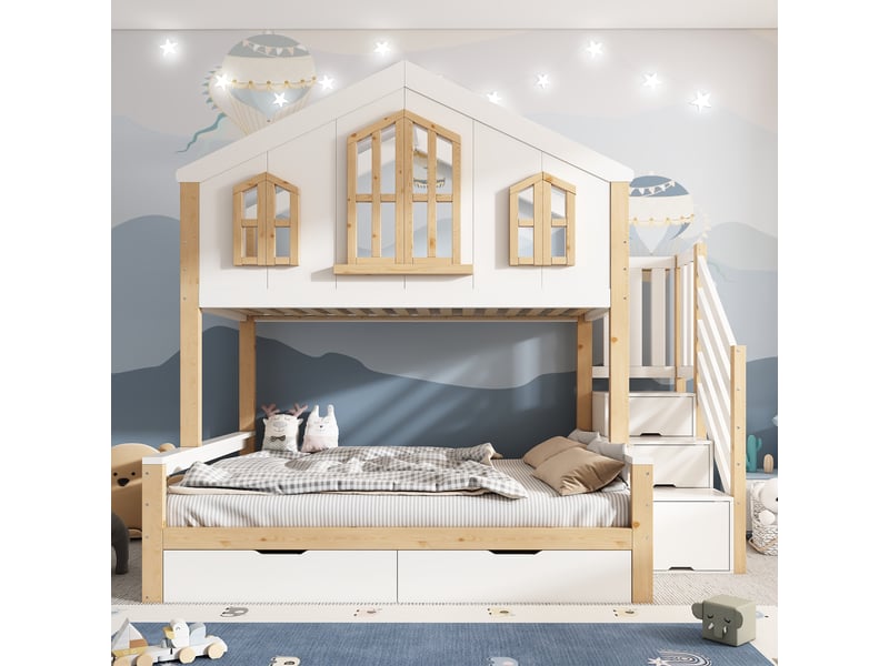  Lit superposé cabane 90x200140x200cm avec toit diamant, escalier de rangement, étagères et sommiers, certifié en 747, sans matelas, bois blanc evarich - Conforama B