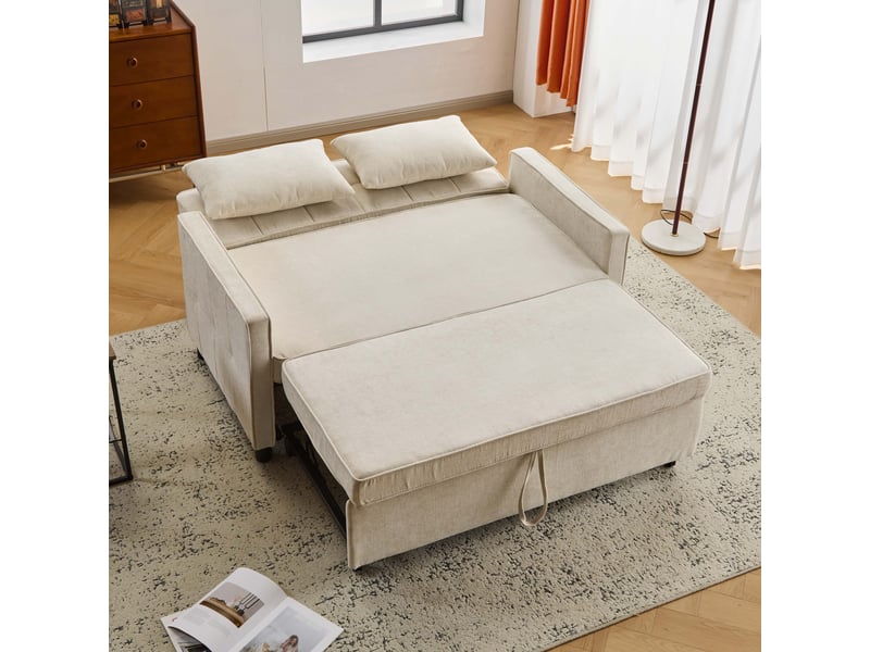  Canapé droit convertible 3 en 1, 85×142×75 cm, canapé-lit escamotable, dossier réglable, tissu en chenille, beige  - Conforama D