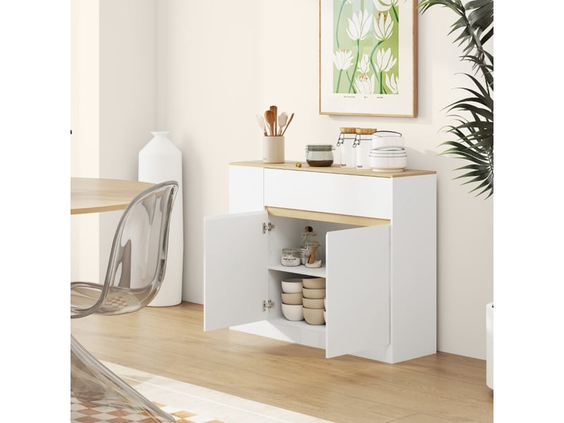  Buffet blanc 105x30x81,5 cm – tiroir, étagère réglable, système anti-basculement – meuble bas contemporain  - Conforama D