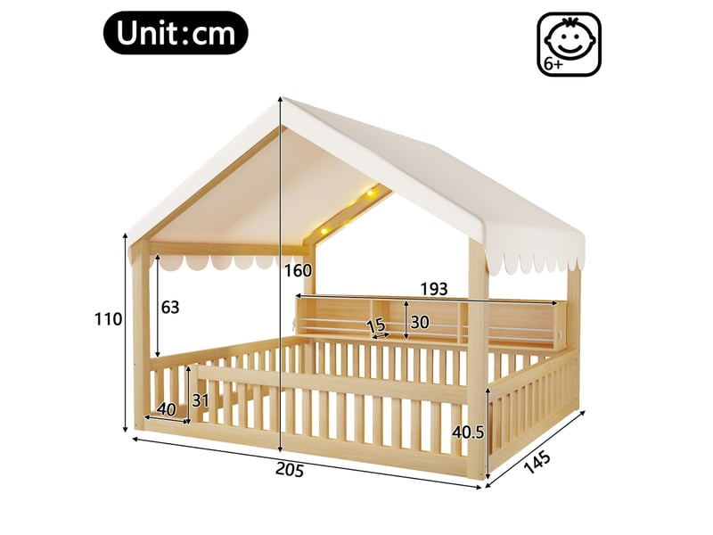  Lit cabane 140x200 cm avec baldaquin, led et bibliothèque mdf bois naturel sans matelas  - Conforama E